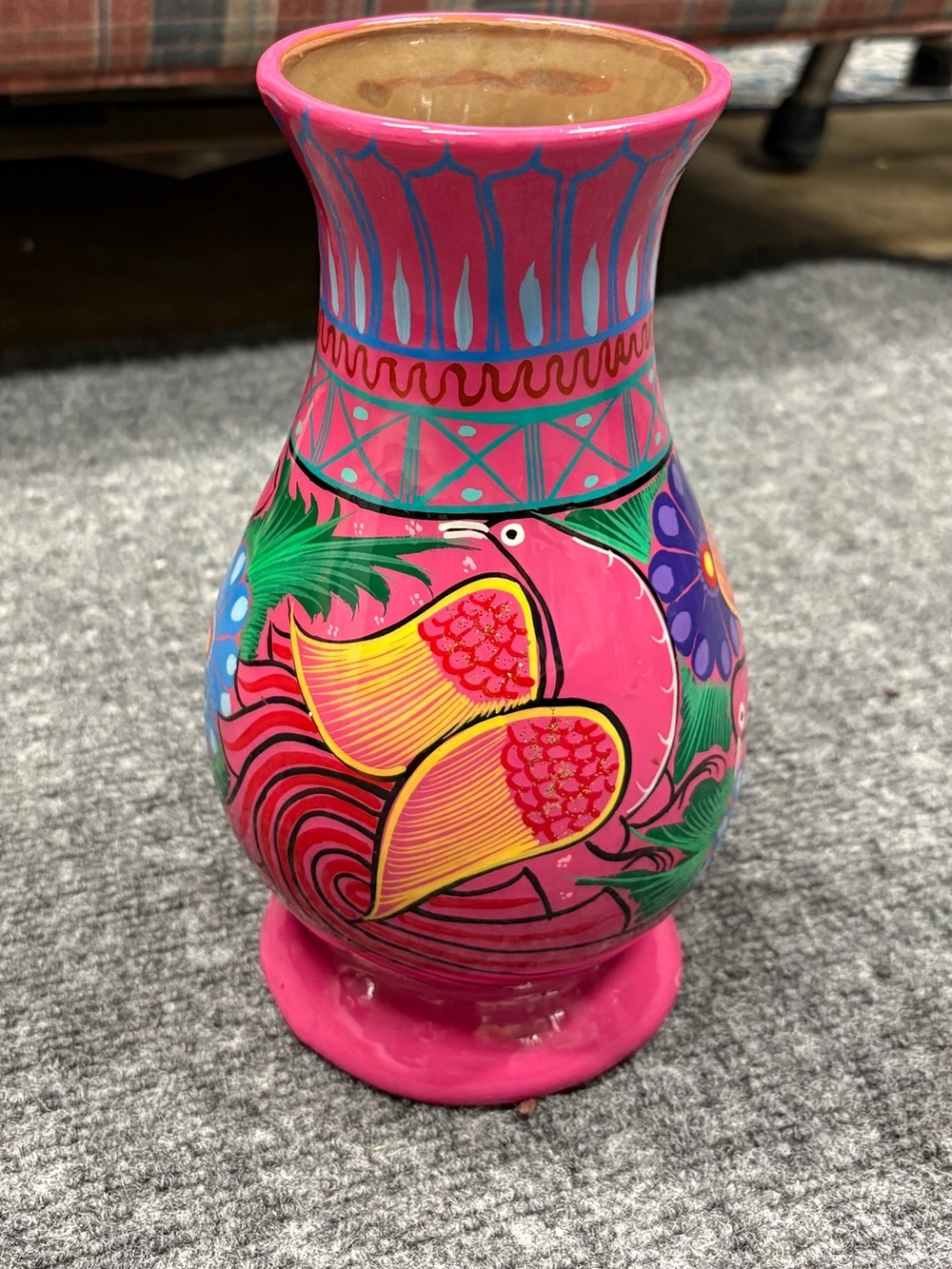 Hand Painted Pink Floral Bird Clay Folk Art Vase Made in Mexico